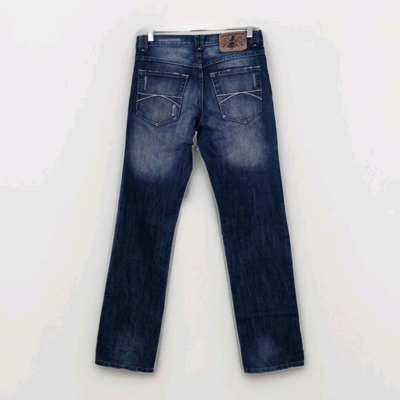 A Vintage HTM Hitomi Jean Mens 29x32 Blue Straigh Leg Japan Distressed Wiskering - Picture 2 of 16